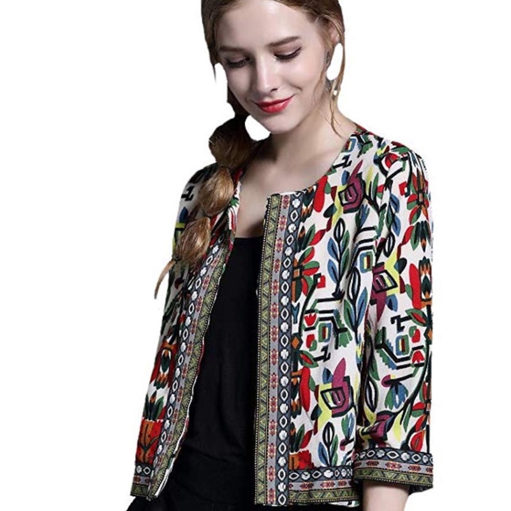 NWT 3/4 Sleeve Ethnic Print Flyaway Jacket